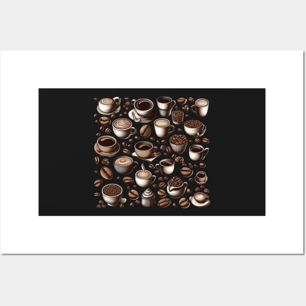 Coffee Cups and Beans Pattern Wall Art by CeeGunn